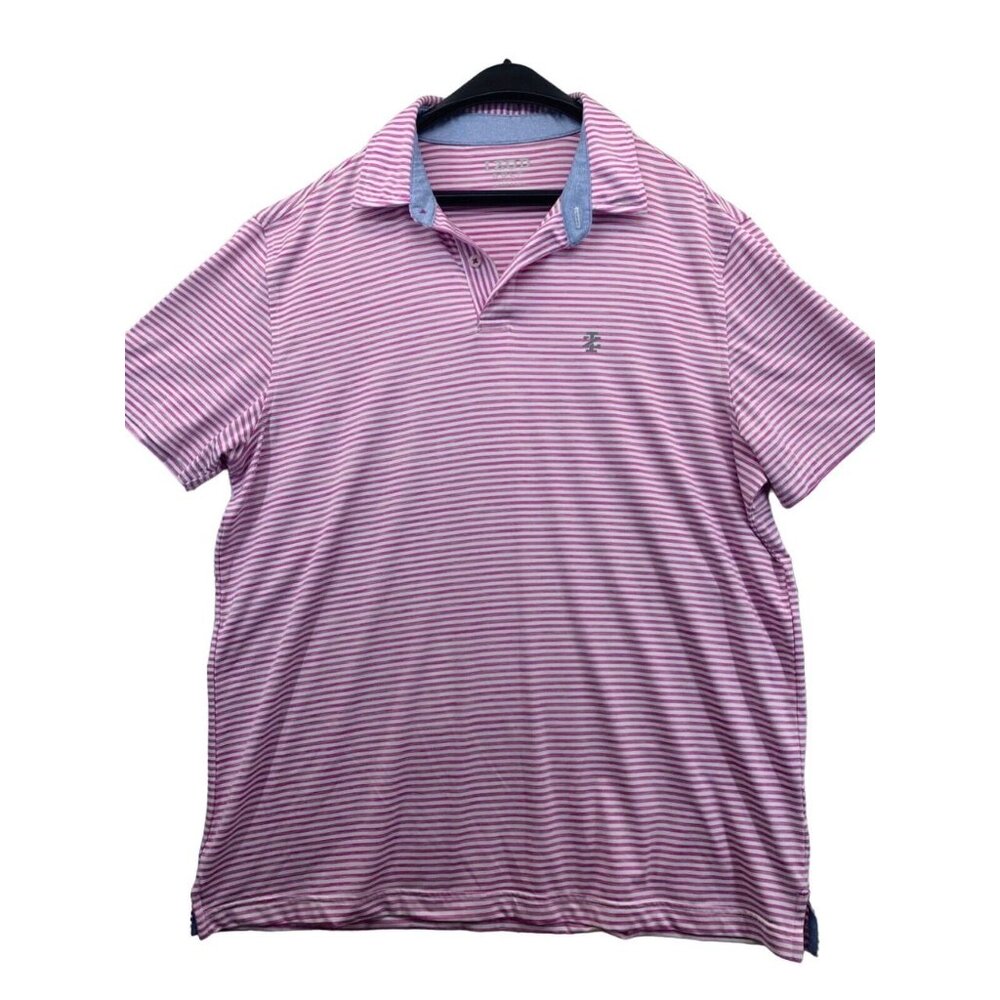 Izod Mens Golf Shirt Sz L Pink/White Striped Stretch SS Preppy Classic Retro